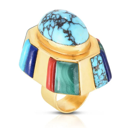 Important Native American Ring with Center Turquoise Cabachon Stone